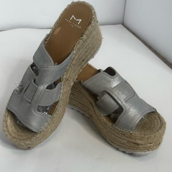 Mark Fisher Silver Open Espadrille Style 3” Raffia Wedge Size 8.5 M - Picture 9 of 11